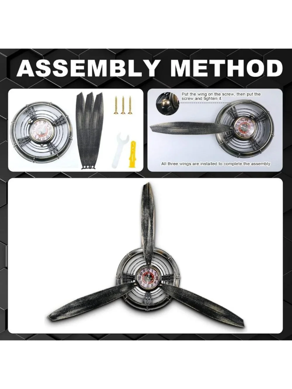 Vintage Airplane Propeller Wall Clock Decor - Metal Art, 29.5